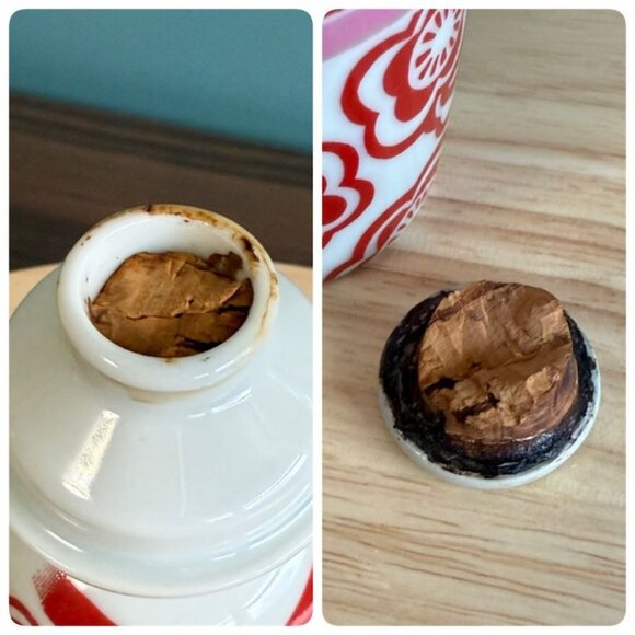 Vintage Kikkoman Kokeshi Doll Sake Bottle Cap With Red Floral Design Porcelain J - Picture 9 of 10